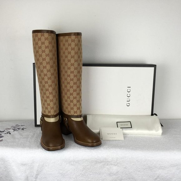 Gucci Women's Ruggine Cuir Monogram GG Print Removable Gaiter Boots DM15 - Picture 10 of 13